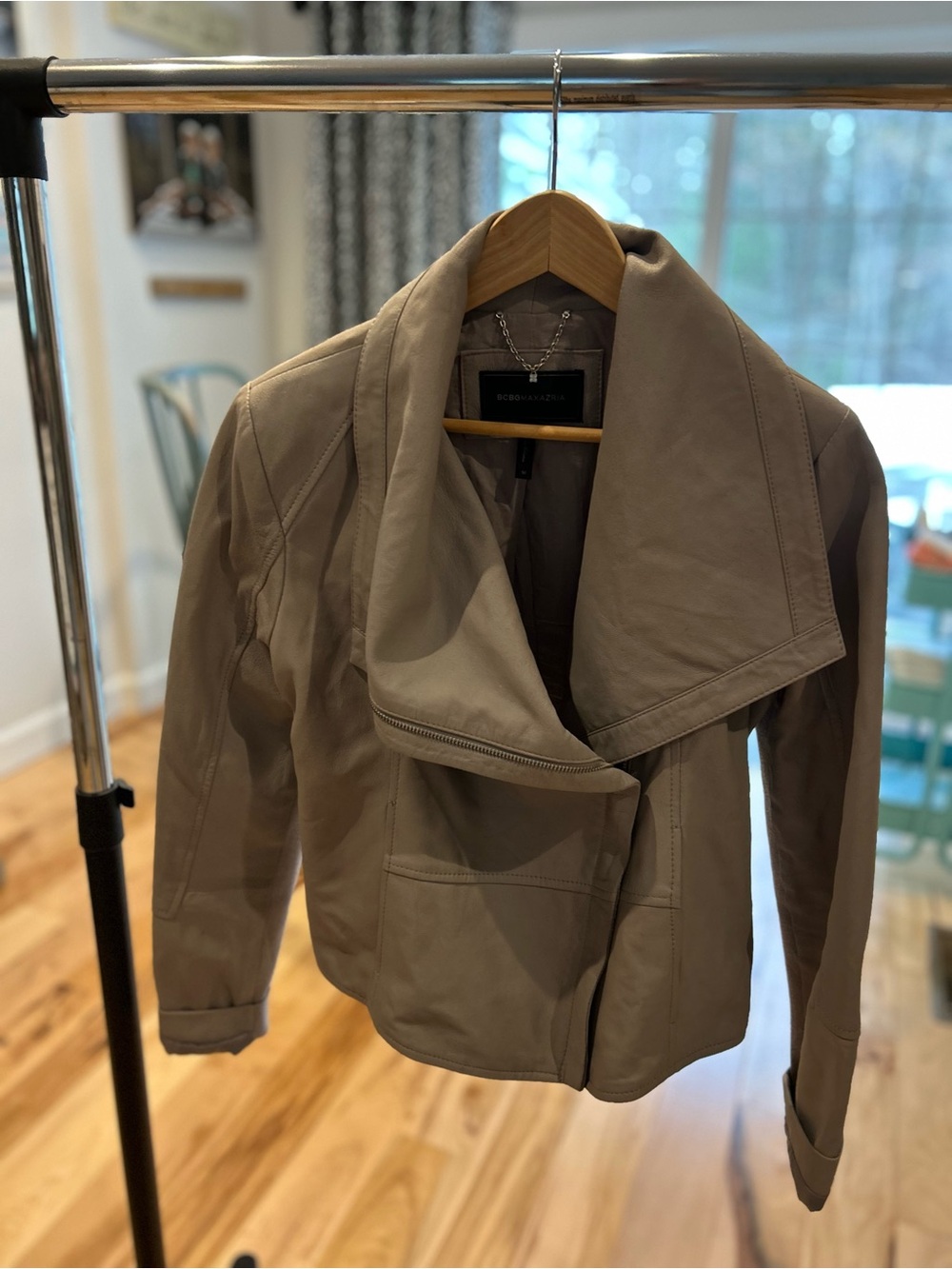 BCBGMAXAZRIA Light Gray Asymmetrical Leather Jacket